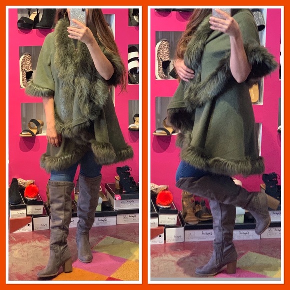 LUXURIOUS Green Faux Fur Double Layer Cape Coat - Picture 7 of 9